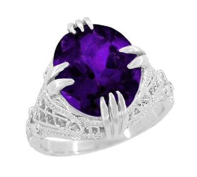 Large Oval Amethyst Art Deco Filigree Ring in 14 Karat White Gold - Item: R157AM - Image: 2