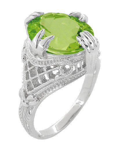 Art Deco Filigree 5.5 Carat Large Oval Peridot Statement Ring in 14 Karat White Gold - Item: R157PER - Image: 3