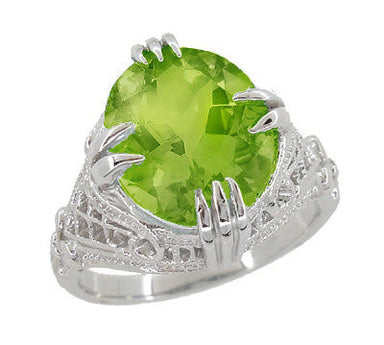 Art Deco Filigree 5.5 Carat Large Oval Peridot Statement Ring in 14 Karat White Gold - alternate view
