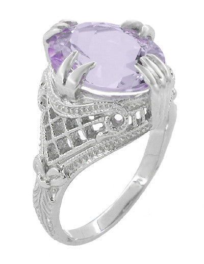 Rose de France Oval Art Deco Filigree Right Hand Ring in 14 Karat White Gold - Item: R157WRF - Image: 3