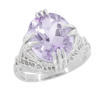 Rose de France Oval Art Deco Filigree Right Hand Ring in 14 Karat White Gold - Item: R157WRF - Image: 2
