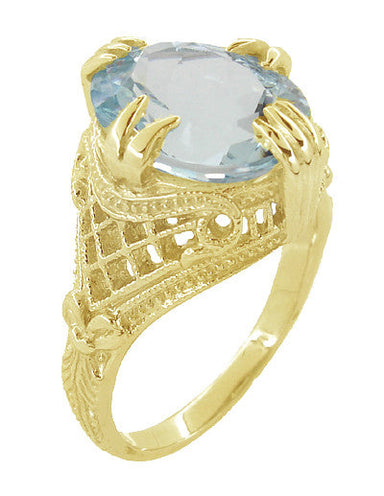 Yellow Gold Art Deco Antique Filigree Large Aquamarine Oval Ring 4.5 Carats 12x10mm - R157YA