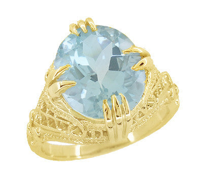 1920's Yellow Gold Art Deco 4.5 Carat Oval Aquamarine Filigree Ring - Item: R157YA - Image: 3