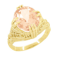 Art Deco Filigree 4.50 Carat Oval Morganite Statement Ring in 14 Karat Yellow Gold