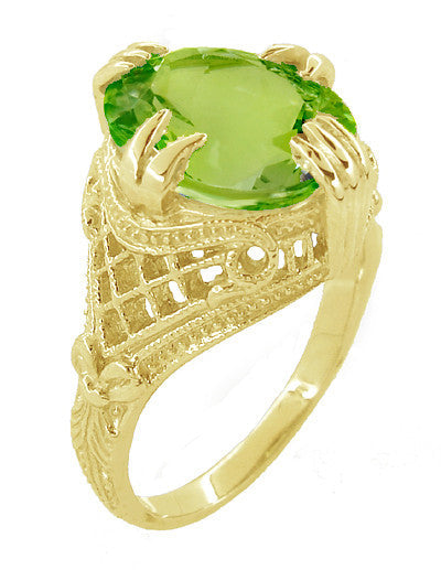 Art Deco Filigree Yellow Gold Large Oval Peridot Statement Ring - 5.5 Carats - Item: R157YPER - Image: 3
