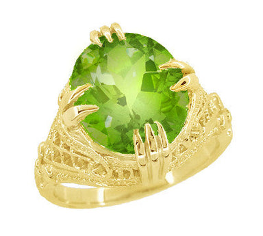 Art Deco Filigree Yellow Gold Large Oval Peridot Statement Ring - 5.5 Carats - alternate view