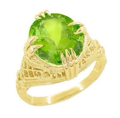 Art Deco Filigree Yellow Gold Antique Large Oval Peridot Ring - R157YPER