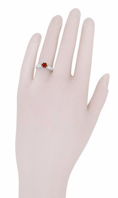 Art Deco Almandine Garnet and Diamond Filigree Artisan Engagement Ring in 14 Karat White Gold - Item: R158AG - Image: 5