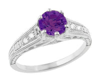 1920's Art Deco Filigree Amethyst Engagement Ring with Diamonds in 14K White Gold
