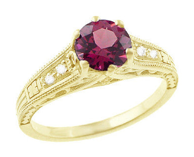 Raspberry Rhodolite Garnet and Diamond Filigree Ring in 14 Karat Yellow Gold