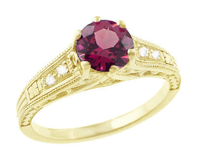 Raspberry Rhodolite Garnet and Diamond Filigree Ring in 14 Karat Yellow Gold