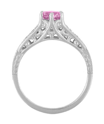 Art Deco Filigree Vintage Style Pink Sapphire and Diamond Platinum Engagement Ring - Item: R158PSP - Image: 4