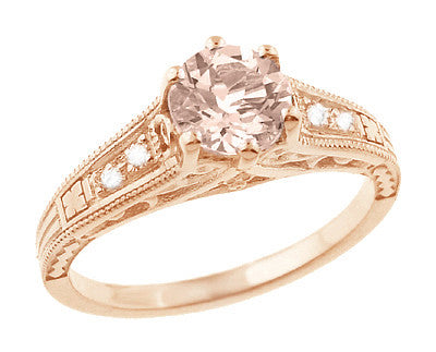 Art Deco Rose Gold Morganite and Side Diamond Vintage Filigree Engagement Ring - 1920's Design - R158RM