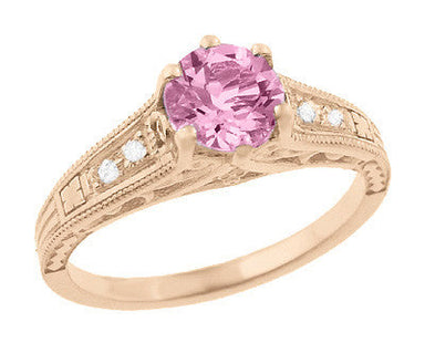 Art Deco Pink Sapphire and Diamonds Filigree Engagement Ring in 14 Karat Pink ( Rose ) Gold