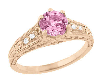 Art Deco Pink Sapphire and Diamonds Filigree Engagement Ring in 14 Karat Pink ( Rose ) Gold