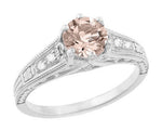 Art Deco Antique Style Morganite and Diamond Filigree Engagement Ring in 14 Karat White Gold