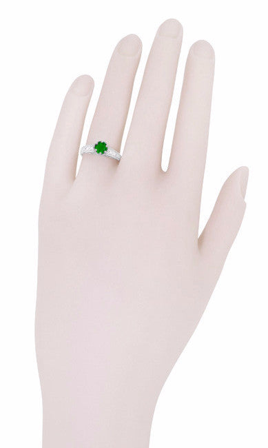 Art Deco Filigree Tsavorite Garnet Engagement Ring in 14 Karat White Gold - Item: R158WTS - Image: 5