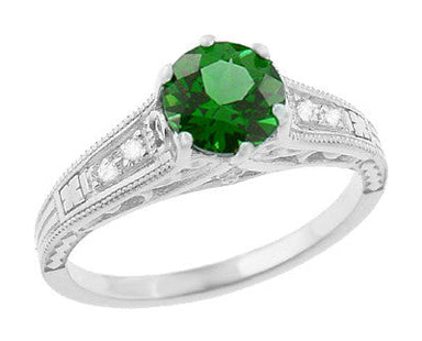 Art Deco Filigree Tsavorite Garnet Engagement Ring in 14 Karat White Gold