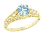 Art Deco Antique Style Aquamarine and Diamond Filigree Engagement Ring in 14 Karat Yellow Gold