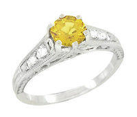 Art Deco Yellow Sapphire and Diamond Filigree Engagement Ring in 14 Karat White Gold