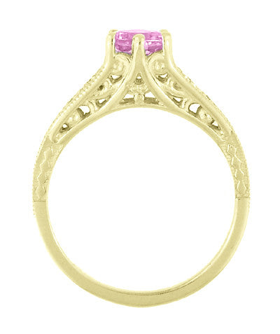 Antique Style Pink Sapphire and Diamonds Filigree Art Deco Engagement Ring in 14 Karat Yellow Gold - Item: R158YPS - Image: 4