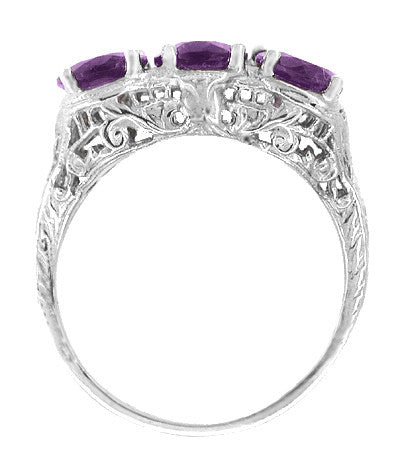 Edwardian Three Stone Oval Amethyst Filigree Ring in 14 Karat White Gold - Item: R159W - Image: 2