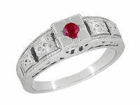 Art Deco Engraved Ruby Engagement Ring in Platinum - Low Profile Vintage Design