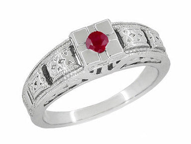 Art Deco Engraved Ruby Engagement Ring in Platinum - Low Profile Vintage Design