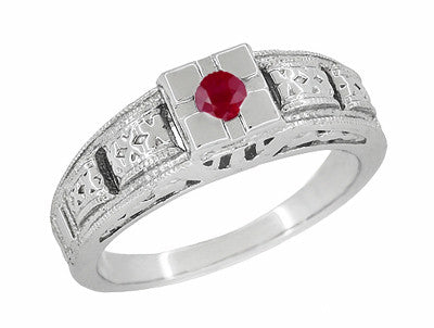 Art Deco Engraved Ruby Engagement Ring in Platinum - Low Profile Vintage Design