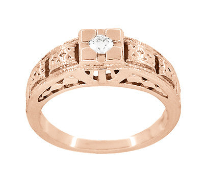 Art Deco Filigree Engraved Diamond Engagement Ring in 14 Karat Rose Gold - Item: R160R-LC - Image: 3