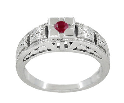 1920s Square Top Filigree Floral Engraved Art Deco Ruby Ring in White Gold - Item: R160W10R - Image: 3