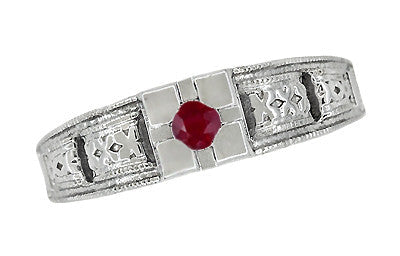 1920s Square Top Filigree Floral Engraved Art Deco Ruby Ring in White Gold - Item: R160W10R - Image: 5