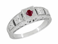 1920s Square Top Filigree Floral Engraved Art Deco Ruby Ring in White Gold