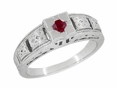 1920s Square Top Filigree Floral Engraved Art Deco Ruby Ring in White Gold