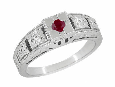 1920s Square Top Filigree Floral Engraved Art Deco Ruby Ring in White Gold