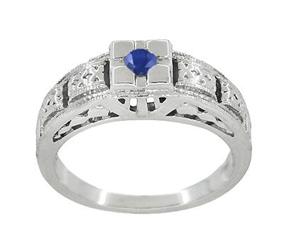 Art Deco Floral Engraved Filigree Square Top Blue Sapphire Ring in White Gold - Item: R160W10S - Image: 3