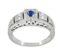 Art Deco Floral Engraved Filigree Square Top Blue Sapphire Ring in White Gold