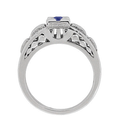 Art Deco Floral Engraved Filigree Square Top Blue Sapphire Ring in White Gold - Item: R160W10S - Image: 4
