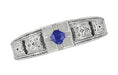 Art Deco Floral Engraved Filigree Square Top Blue Sapphire Ring in White Gold