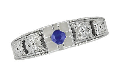 Art Deco Floral Engraved Filigree Square Top Blue Sapphire Ring in White Gold - Item: R160W10S - Image: 5