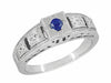 Art Deco Floral Engraved Filigree Square Top Blue Sapphire Ring in White Gold