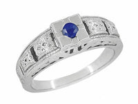 Art Deco Floral Engraved Filigree Square Top Blue Sapphire Ring in White Gold