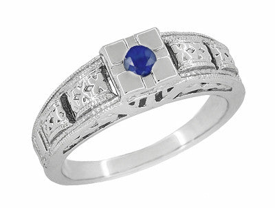 Art Deco Floral Engraved Filigree Square Top Blue Sapphire Ring in White Gold