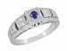 Art Deco Floral Engraved Filigree Square Top Blue Sapphire Ring in White Gold