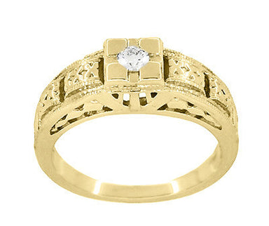 Yellow Gold Art Deco Engraved Tiered Filigree Diamond Engagement Ring - alternate view