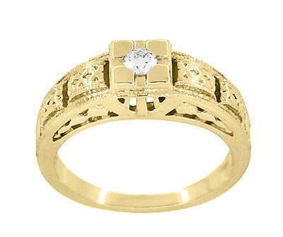 Yellow Gold Art Deco Engraved Tiered Filigree Diamond Engagement Ring - Item: R160Y10-LC - Image: 2