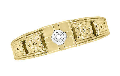 Yellow Gold Art Deco Engraved Tiered Filigree Diamond Engagement Ring - Item: R160Y10-LC - Image: 4