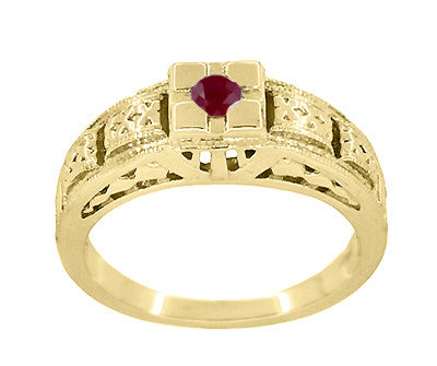 Floral Carved Square Top Art Deco Ruby Filigree Ring in Yellow Gold - Item: R160Y10R - Image: 3