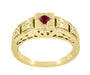 Floral Carved Square Top Art Deco Ruby Filigree Ring in Yellow Gold