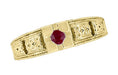 Floral Carved Square Top Art Deco Ruby Filigree Ring in Yellow Gold